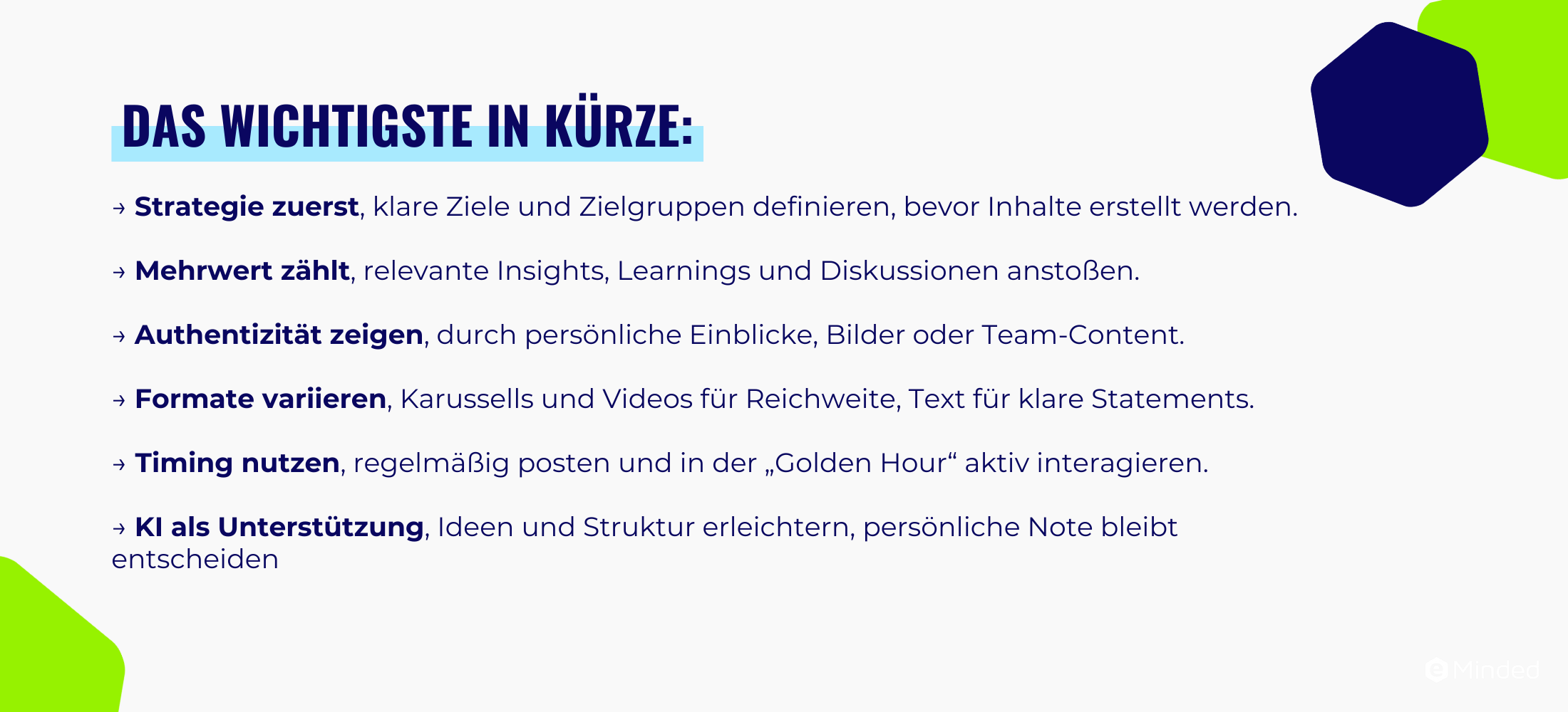 Infografik mit dem Titel „Das Wichtigste in Kürze“ zeigt sechs Kernpunkte für erfolgreiche LinkedIn-Beiträge: Strategie zuerst, Mehrwert liefern, Authentizität zeigen, Formate variieren, Timing nutzen und KI als Unterstützung einsetzen.