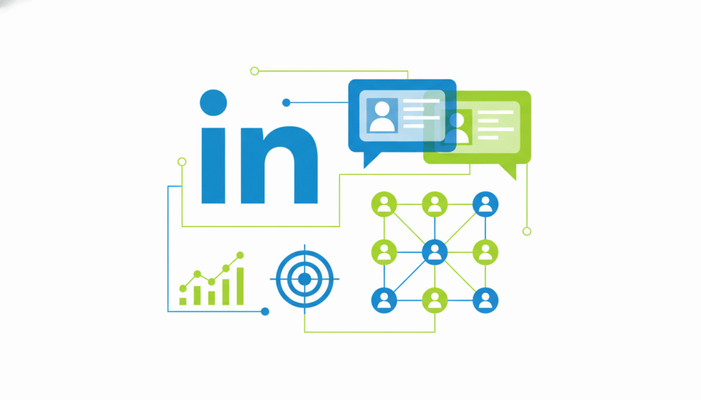 Grafik mit Vernetzungen und Elementen rund um LinkedIn