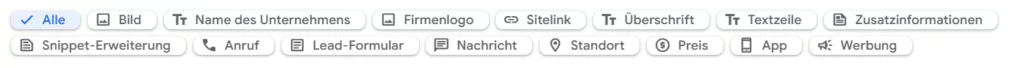Screenshot der Auswahl an Anzeigenerweiterungen in Google Ads. Optionen umfassen: Alle, Bild, Name des Unternehmens, Firmenlogo, Sitelink, Überschrift, Textzeile, Zusatzinformationen, Snippet-Erweiterung, Anruf, Lead-Formular, Nachricht, Standort, Preis, App, Werbung.