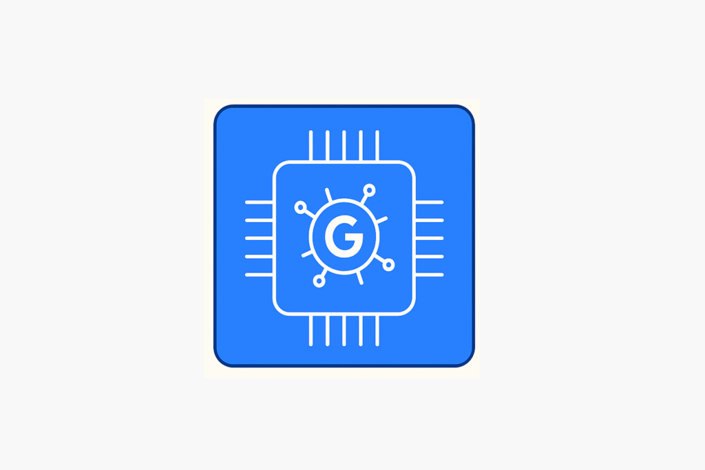 Illustration eines blauen Mikrochip-Symbols mit einem weißen Google-Logo 'G' in der Mitte, das durch kleine Schaltkreise umgeben ist.