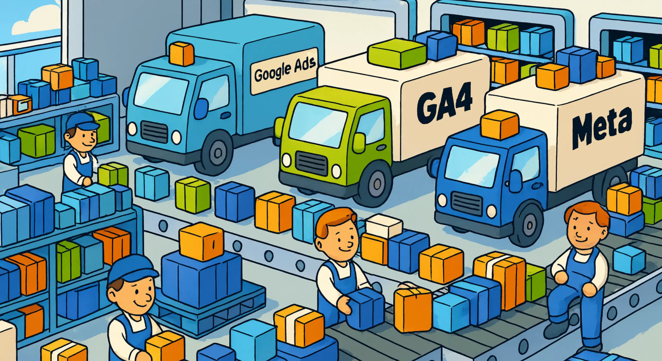 Server Side Tracking visualisiert als Paketzentrum: Pakete werden von Menschen auf einem Laufband sortiert und in LKWs mit der Aufschrift Google Ads, GA4 und Meta verladen
