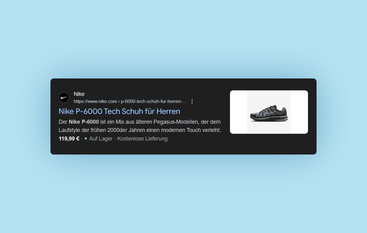 Screenshot eines Rich Snippets zum Nike P-6000 Schuh mit Preis, Verfügbarkeit und Lieferbedingungen