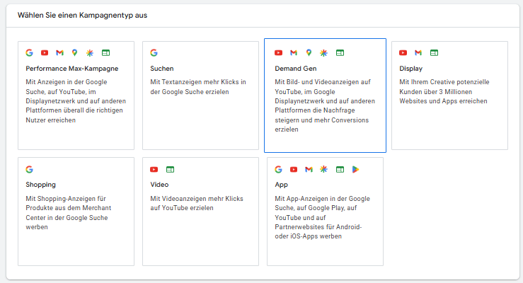 Google Ads Oberfläche mit der Auswahl der verfügbaren Kampagnentypen